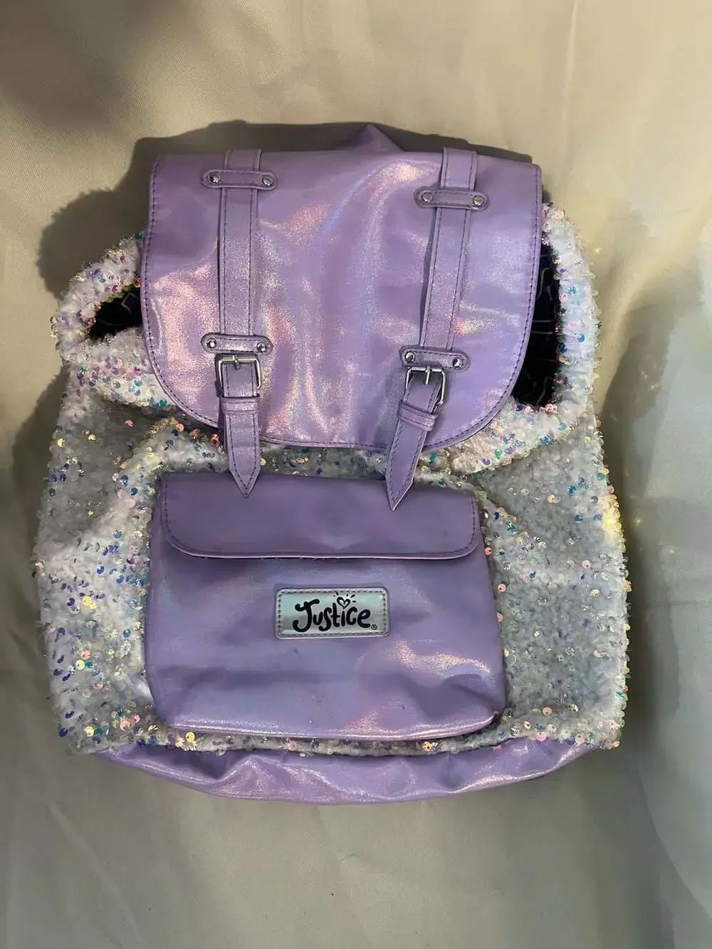 Justice Purple Iridescent Sequin Rucksack Backpack with Flap Closure